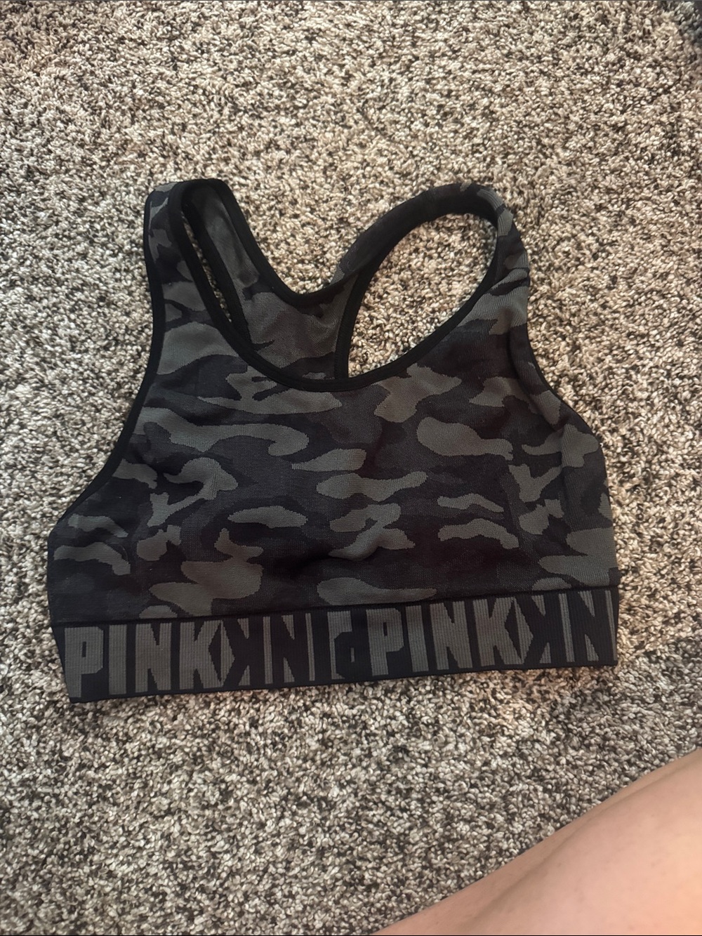 PINK Victoria's Secret Black & Gray Camo Seamless Racerback Sports Bra